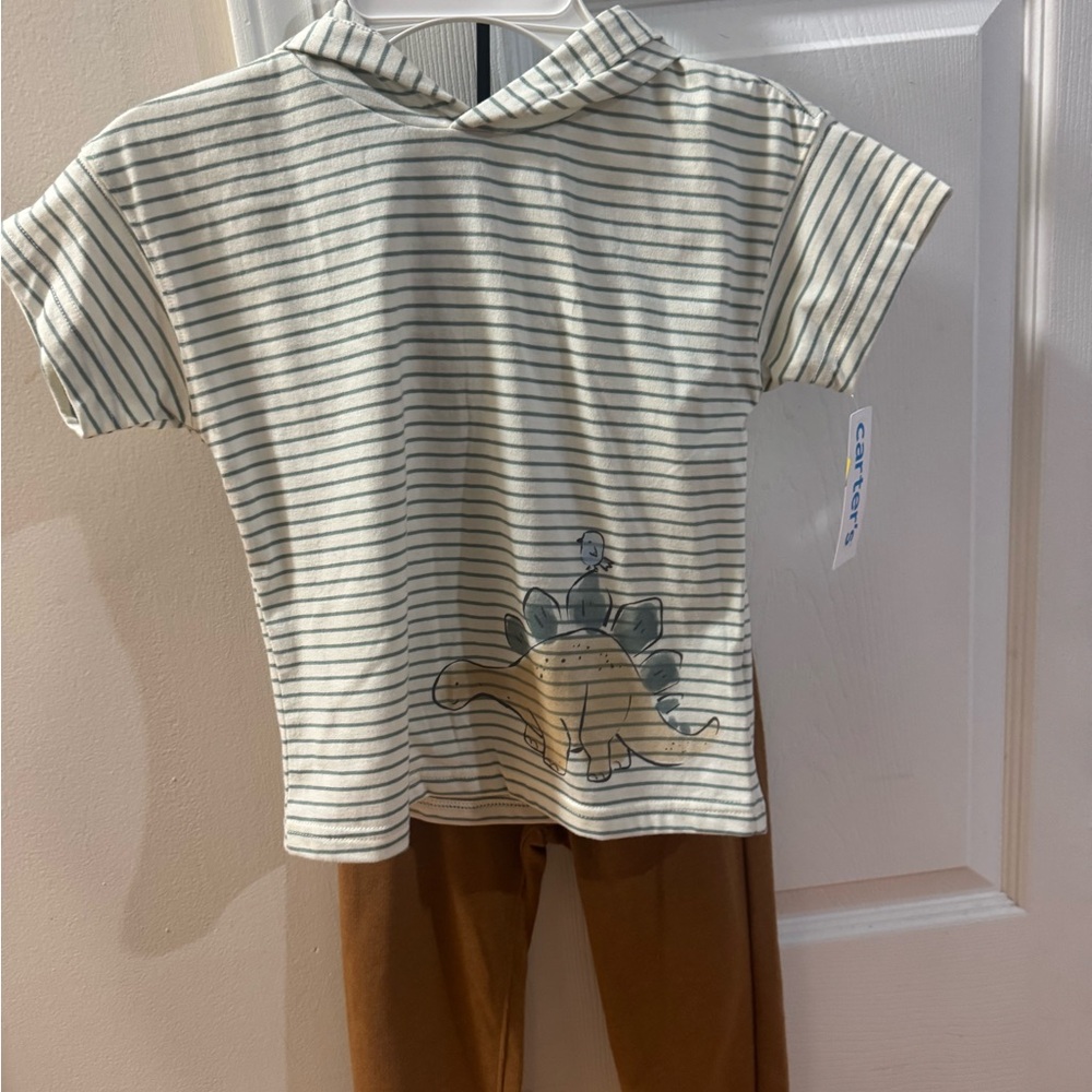 Carter's Cream & Green Striped Dino Hooded Tee